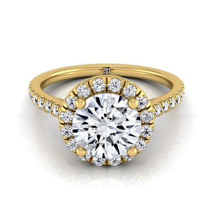 Round Brilliant, Classic French Pavé Halo Linear, in 18K Yellow Gold, pave setting | RockHer