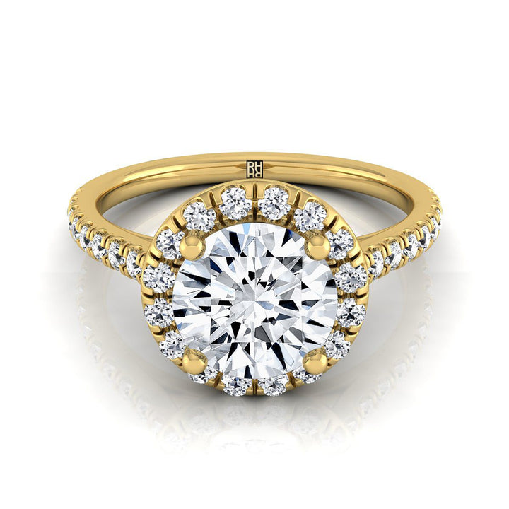 Round Brilliant, Classic French Pavé Halo Linear, in 18K Yellow Gold, pave setting | RockHer