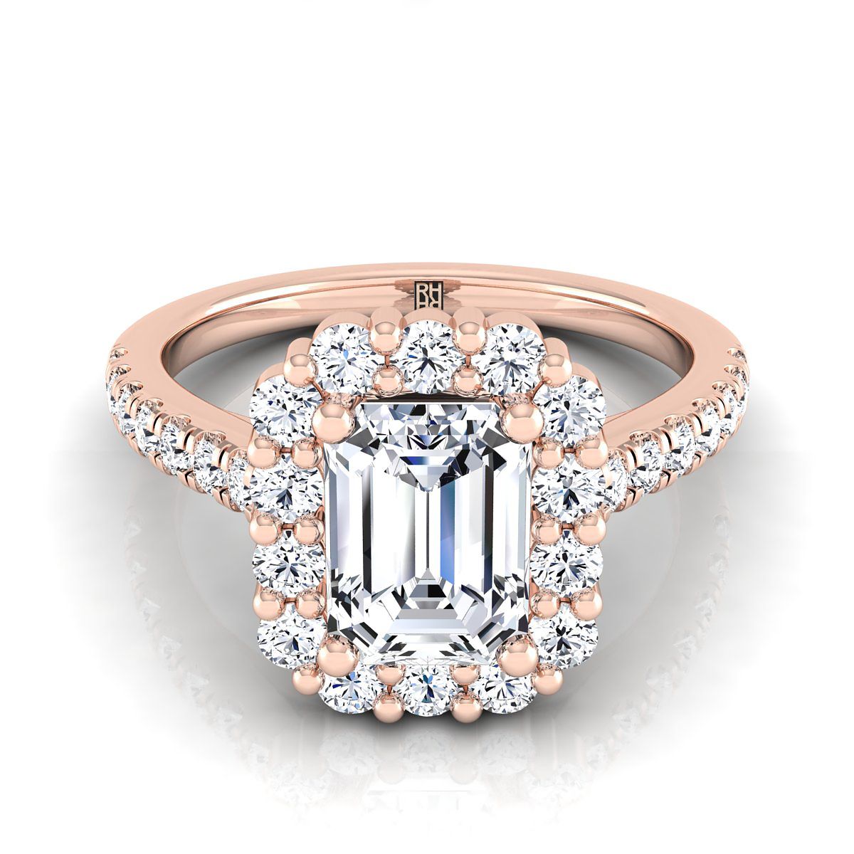 Fiona Select Shared Prong Halo Emerald Cut Lab Diamond Engagement Ring in 14K Rose Gold | RockHer