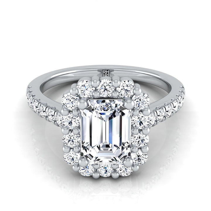 European Cut, Shared Prong Halo Emerald, in 18K White Gold | RockHer