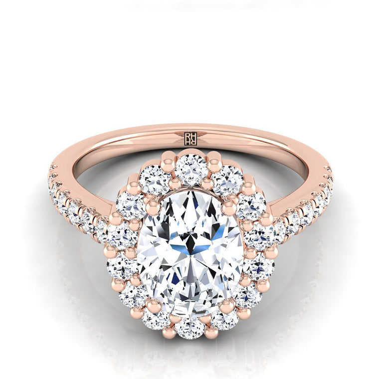 The Fiona Shared Prong Halo Oval Engagement Ring Setting in 14K Rose Gold