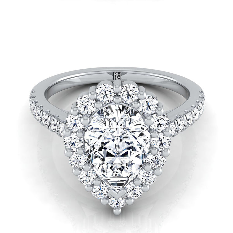 The Fiona Shared Prong Halo Pear Engagement Ring Setting in 18K White Gold