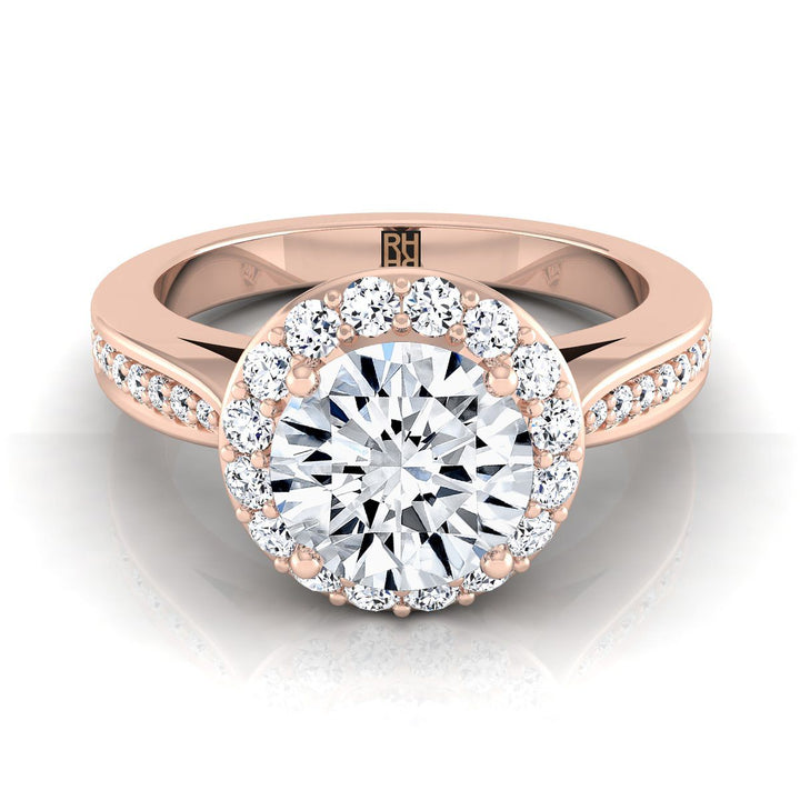 Round Brilliant, Channel Row Pavé Halo, in 14K Rose Gold, prong setting – view 8 | RockHer