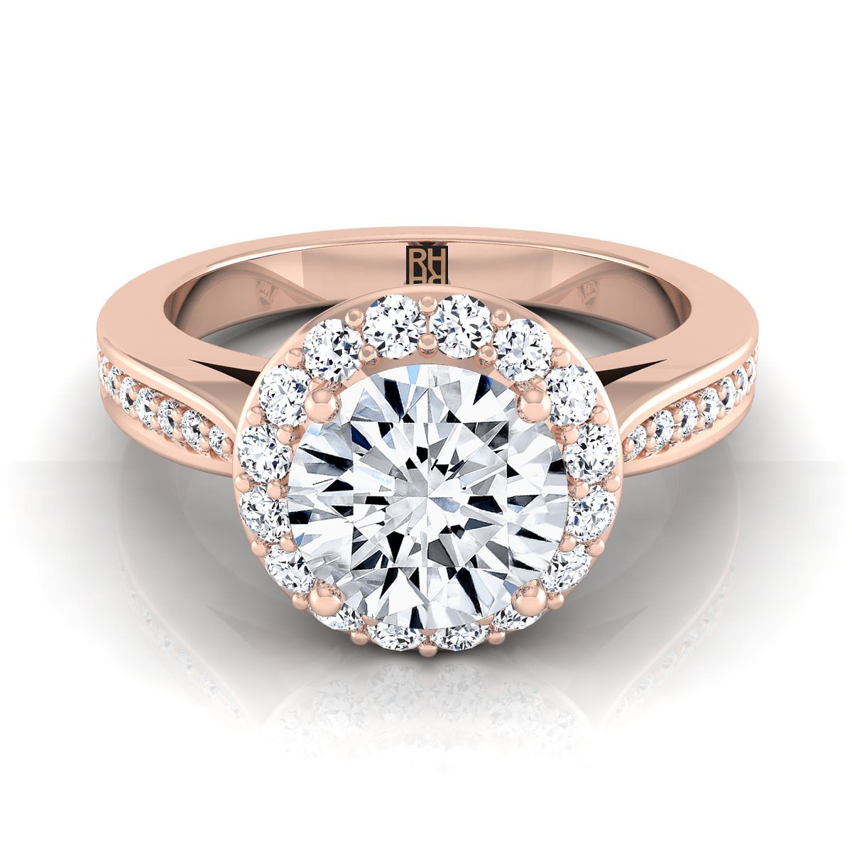 Aria Select Channel Row Pavé Halo Round Lab Diamond Engagement Ring in 14K Rose Gold | RockHer