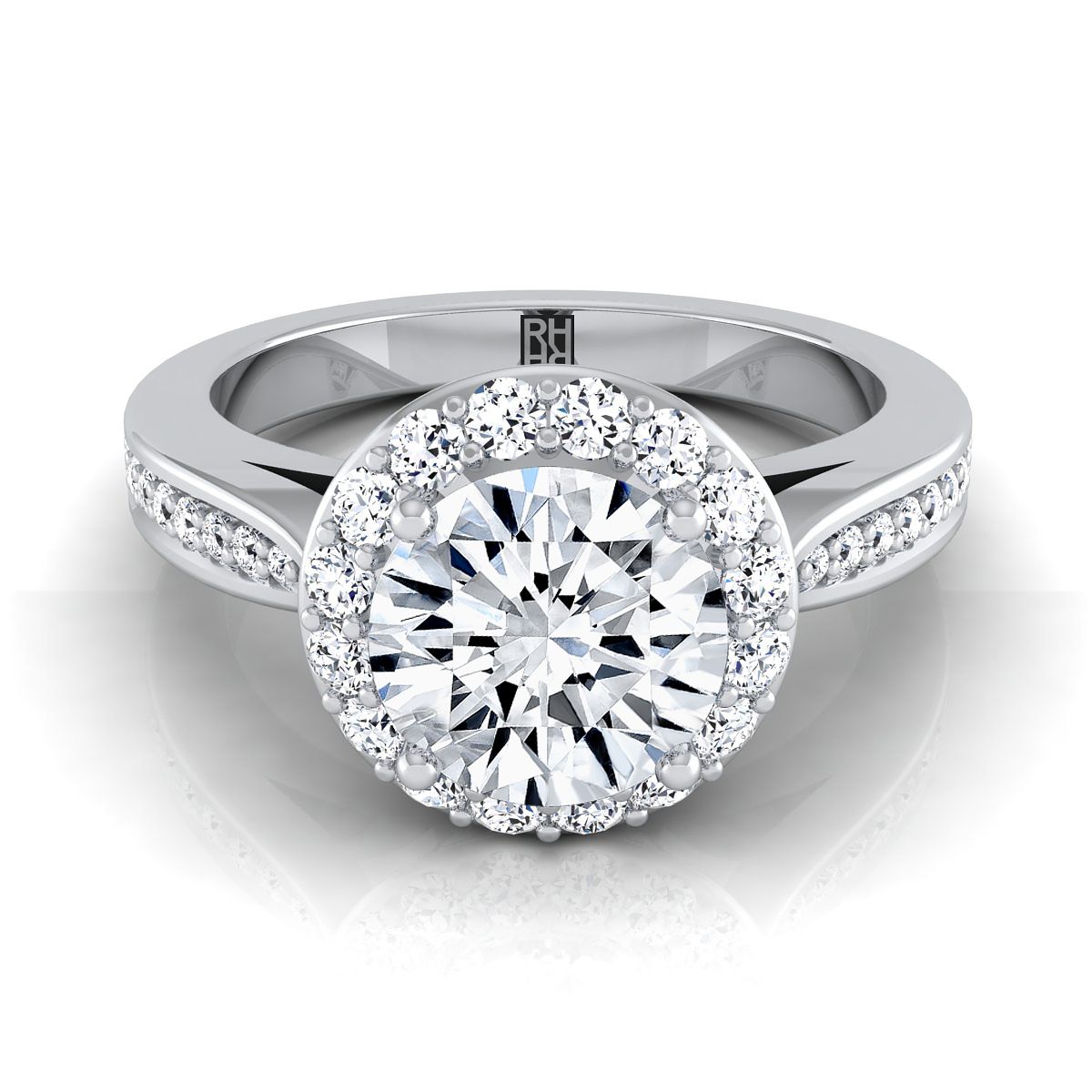 The Aria round setting in 18K White Gold, a select channel row pavé halo design from RockHer