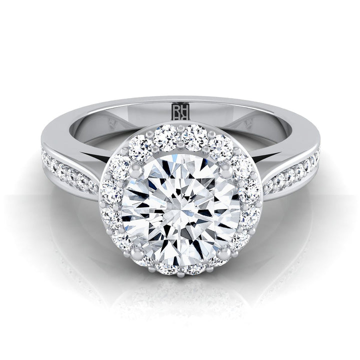 Round Brilliant, Channel Row Pavé Halo, in 18K White Gold, prong setting – view 8 | RockHer