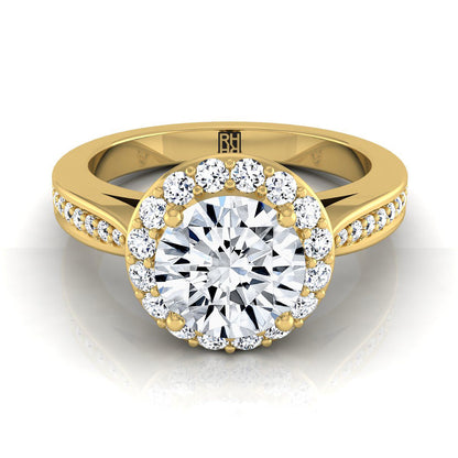 Round Brilliant, Channel Row Pavé Halo, in 18K Yellow Gold, prong setting – view 8 | RockHer
