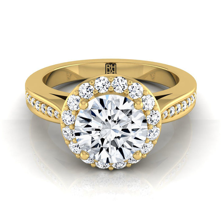 Round Brilliant, Channel Row Pavé Halo, in 18K Yellow Gold, prong setting – view 8 | RockHer