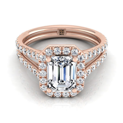 European Cut, Two Row Pavé Split Shank Halo Emerald, in 14K Rose Gold, pave setting | RockHer