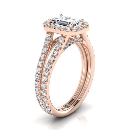 European Cut, Two Row Pavé Split Shank Halo Emerald, in 14K Rose Gold, pave setting – side profile | RockHer