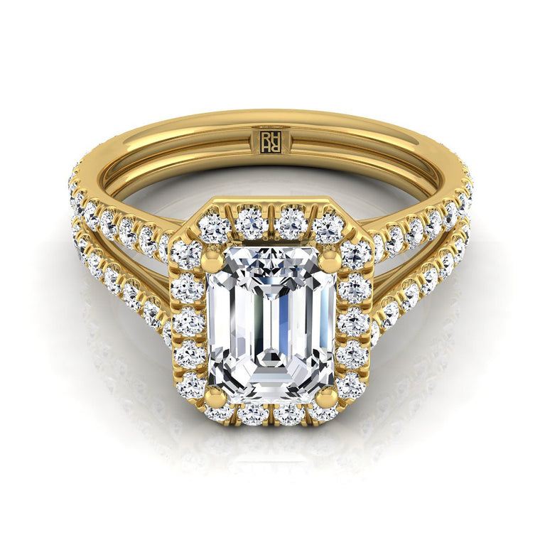 The Celine Two Row Pavé Split Shank Halo Emerald Cut Engagement Ring Setting in 18K Yellow Gold