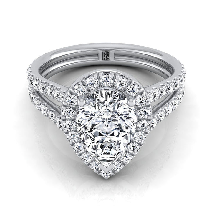 Two Row Pavé Split Shank Halo Pear Shape, in 18K White Gold, pave setting | RockHer