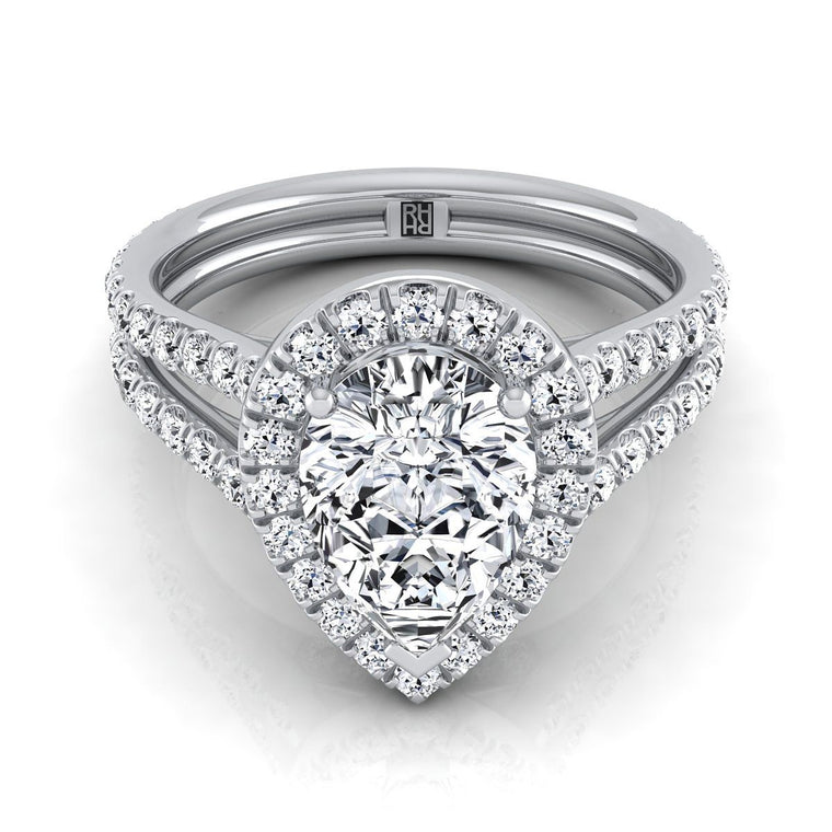 The Celine Two Row Pavé Split Shank Halo Pear Engagement Ring Setting in 18K White Gold