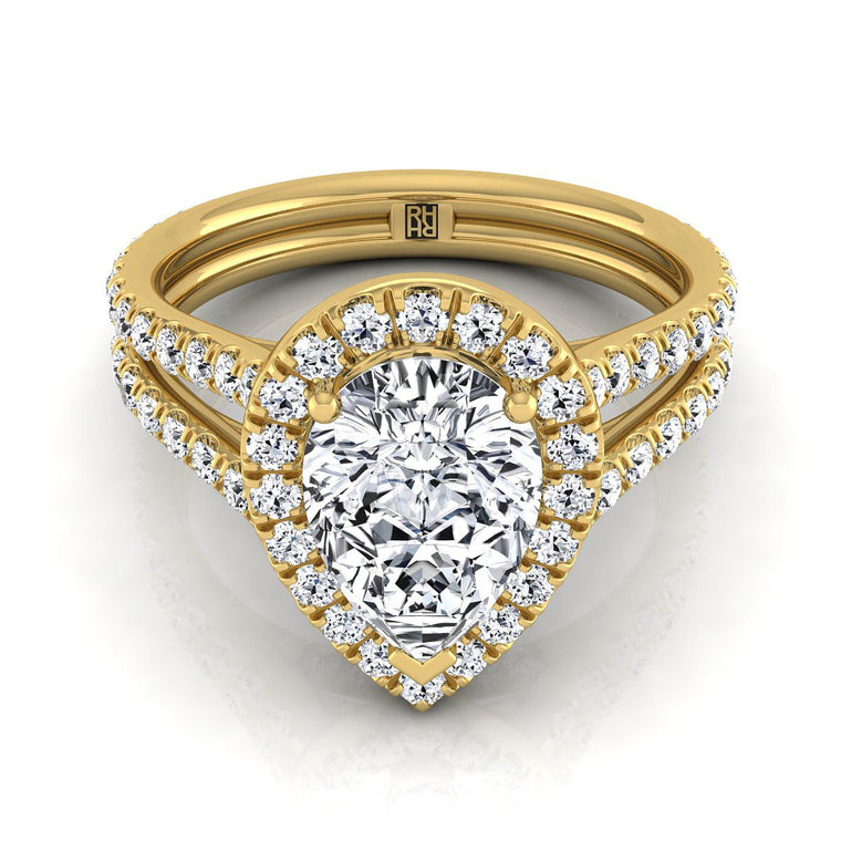 The Celine Two Row Pavé Split Shank Halo Pear Engagement Ring Setting in 18K Yellow Gold