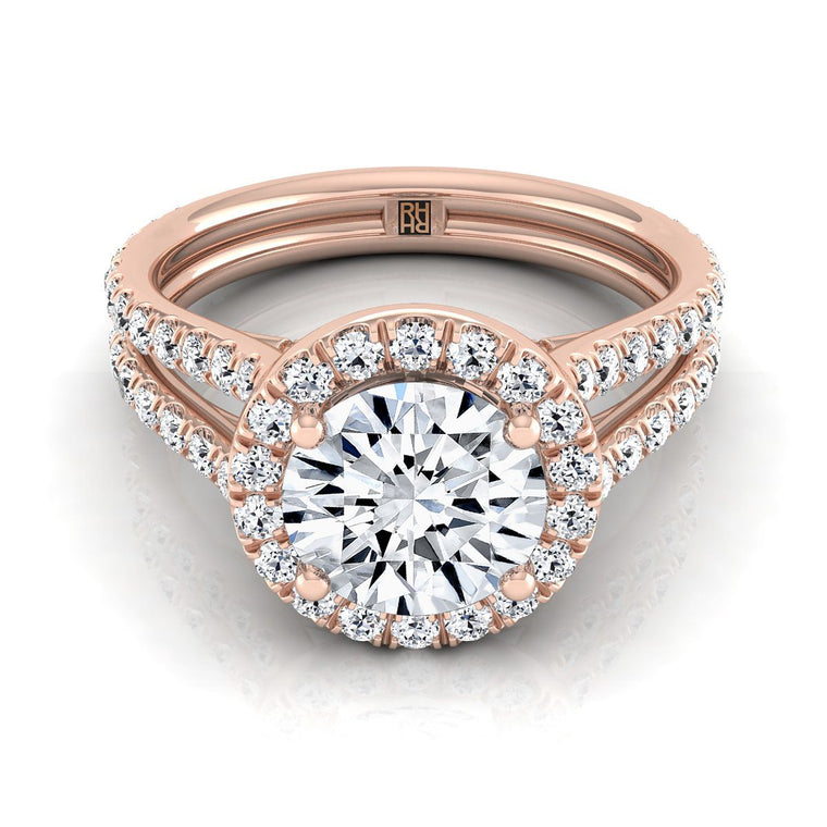 The Celine Two Row Pavé Split Shank Halo Round Engagement Ring Setting in 14K Rose Gold