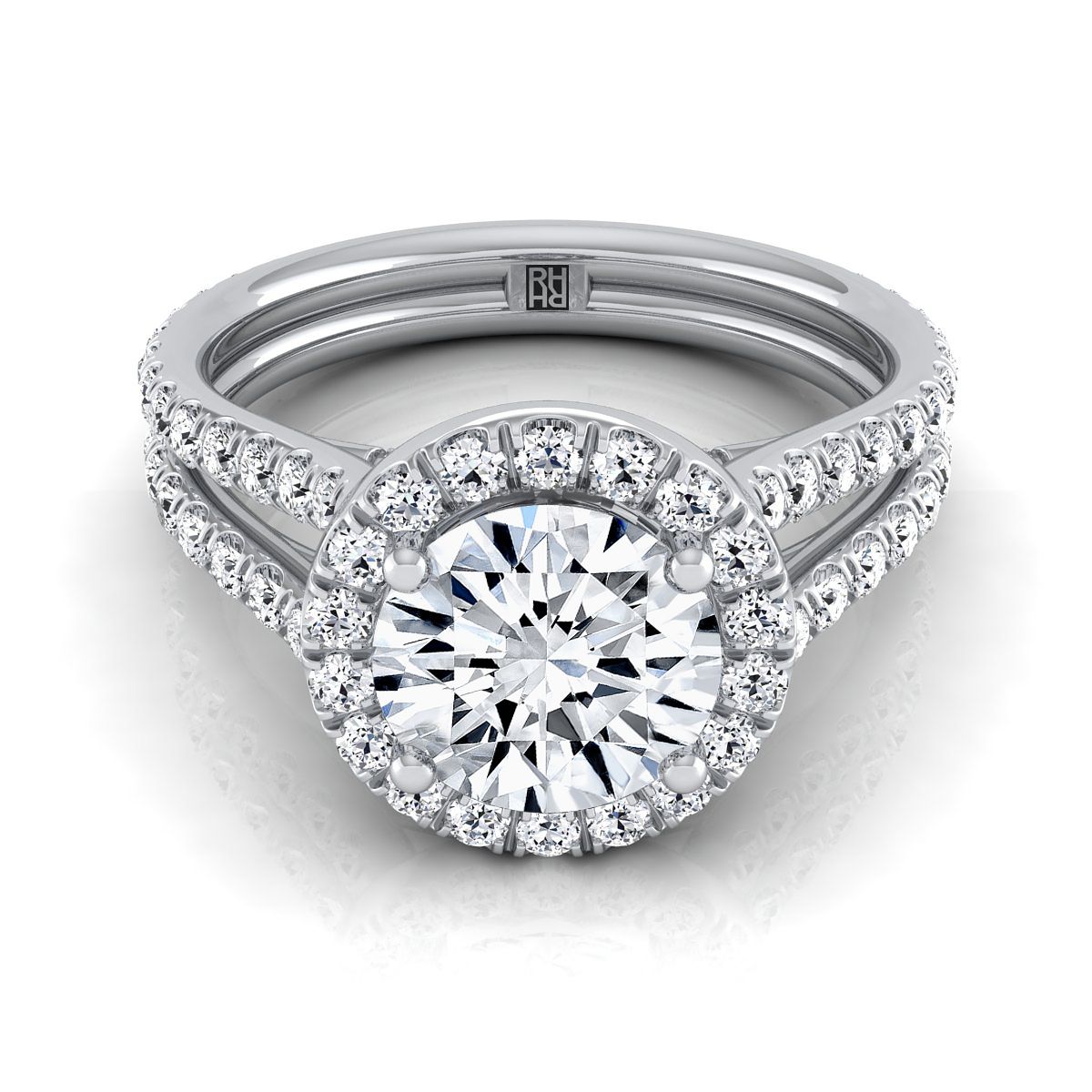Celine Select Pav Halo Split Shank Round Lab Diamond Engagement Ring in Platinum | RockHer