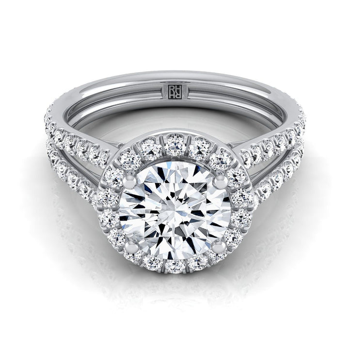 Round Brilliant, Two Row Pavé Split Shank Halo, in 18K White Gold, pave setting – view 8 | RockHer