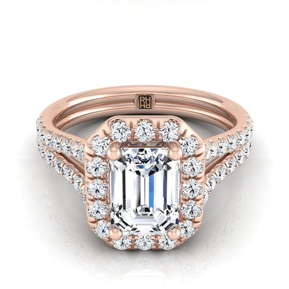European Cut, French Pavé Split Shank Halo Emerald, in 14K Rose Gold, pave setting | RockHer