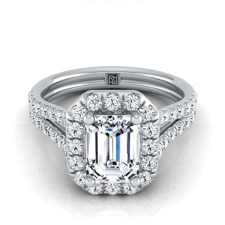 European Cut, French Pavé Split Shank Halo Emerald, in Platinum, pave setting | RockHer