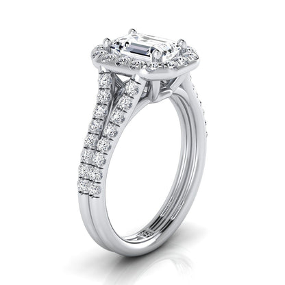 European Cut, French Pavé Split Shank Halo Emerald, in Platinum, pave setting – side profile | RockHer