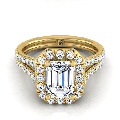 European Cut, French Pavé Split Shank Halo Emerald, in 18K Yellow Gold, pave setting – view 8 | RockHer