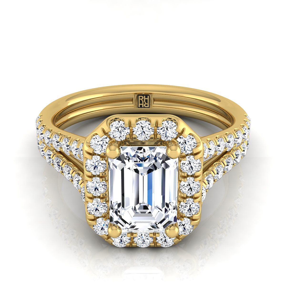 Lira Select Pav Halo Split Shank Emerald Cut Lab Diamond Engagement Ring in 18K Yellow Gold | RockHer
