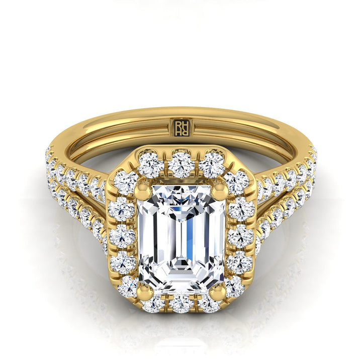 Lira Select Pav Halo Split Shank Emerald Cut Lab Diamond Engagement Ring in 14K Yellow Gold | RockHer