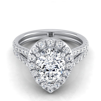 French Pavé Split Shank Halo Pear Shape, in Platinum, pave setting | RockHer