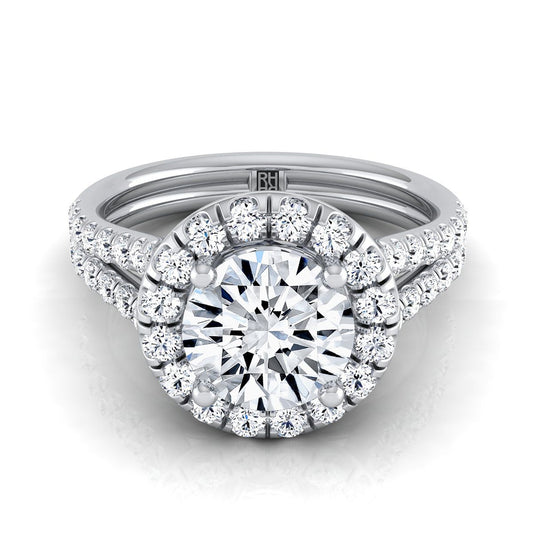 14K White Gold Round Brilliant Diamond French Pave Split Shank Halo Engagement Ring -5/8ctw