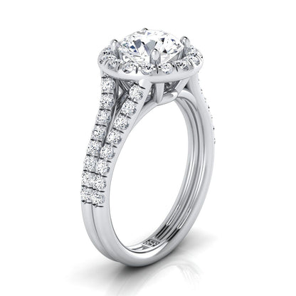 Round Brilliant, French Pavé Split Shank Halo, in 18K White Gold, pave setting – side profile | RockHer