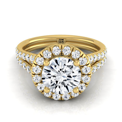 Round Brilliant, French Pavé Split Shank Halo, in 18K Yellow Gold, pave setting | RockHer