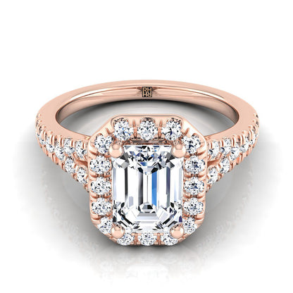 European Cut, Petite Split Shank Halo Emerald, in 14K Rose Gold, pave setting | RockHer