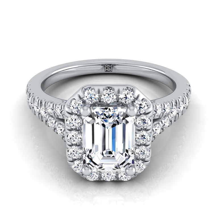 The Calliope Petite Split Shank Halo Emerald Cut Engagement Ring Setting in 18K White Gold