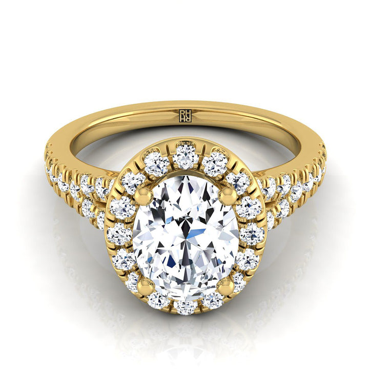 Petite Split Shank Halo Oval, in 18K Yellow Gold, pave setting | RockHer