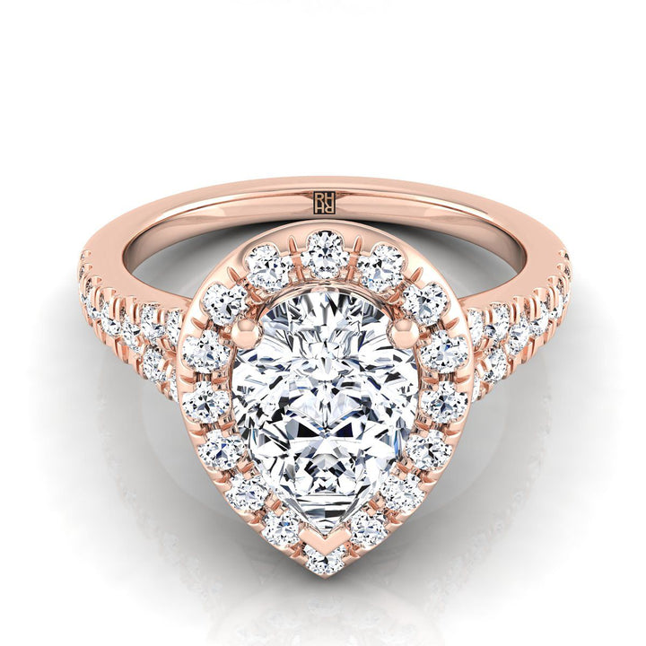 Petite Split Shank Halo Pear Shape, in 14K Rose Gold, pave setting | RockHer