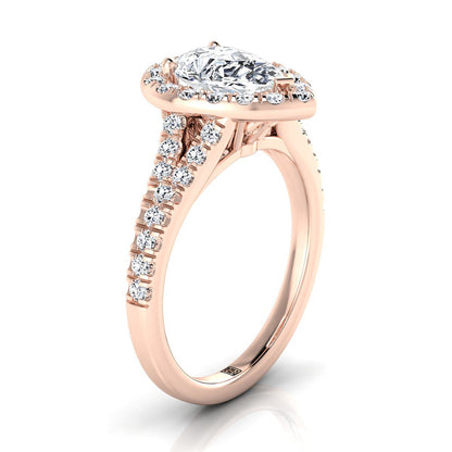 Petite Split Shank Halo Pear Shape, in 14K Rose Gold, pave setting – side profile | RockHer