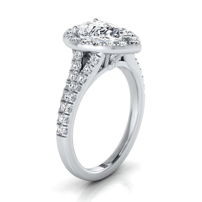 Petite Split Shank Halo Pear Shape, in Platinum, pave setting – side profile | RockHer
