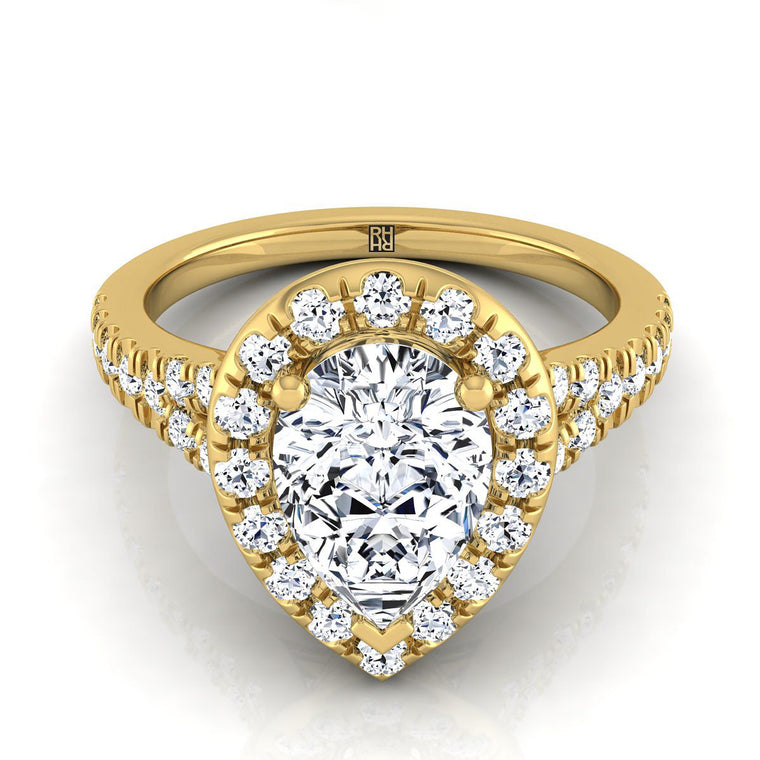 The Calliope Petite Split Shank Halo Pear Engagement Ring Setting in 18K Yellow Gold