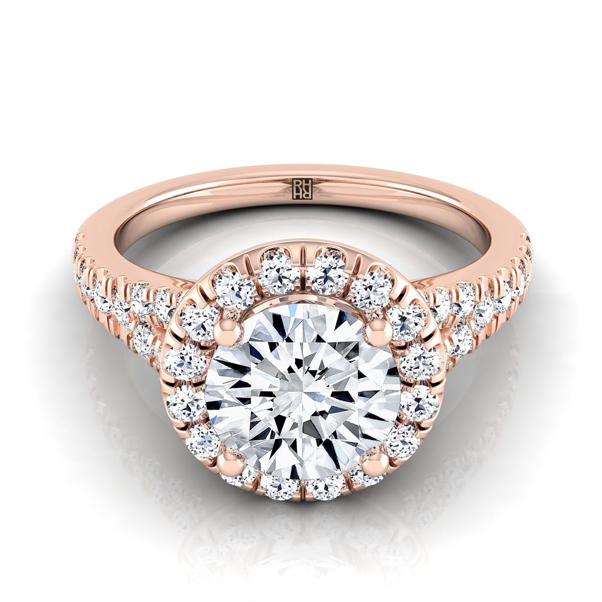 Calliope Select Petite Split Shank Halo Round Lab Diamond Engagement Ring in 14K Rose Gold | RockHer