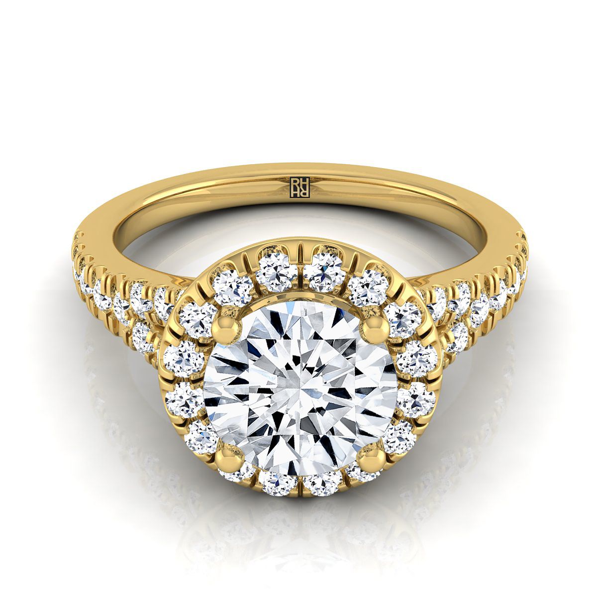 Calliope Select Petite Split Shank Halo Round Lab Diamond Engagement Ring in 18K Yellow Gold | RockHer