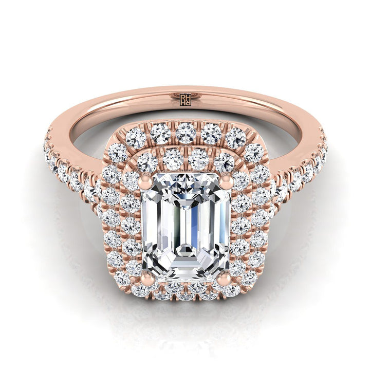 European Cut, Double Scalloped Pavé Halo Emerald, in 14K Rose Gold, pave setting | RockHer