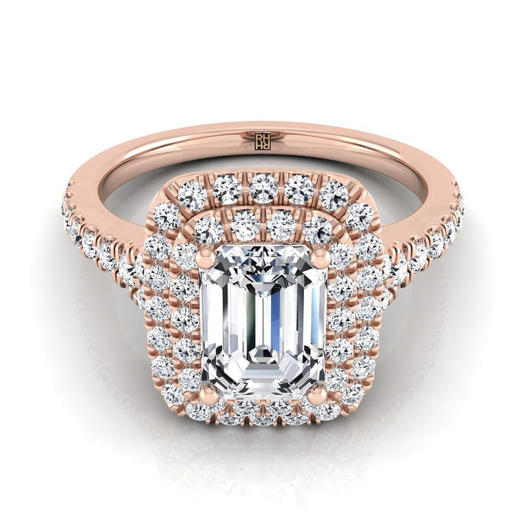 The Britney Select Double Halo Emerald Cut Lab Diamond Engagement Ring in 14K Rose Gold