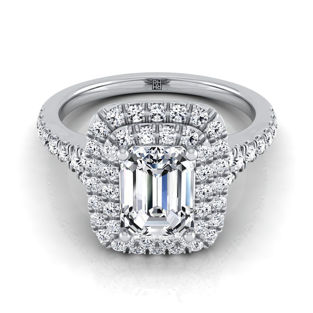 Britney Select Double Halo Emerald Cut Lab Diamond Engagement Ring in Platinum | RockHer
