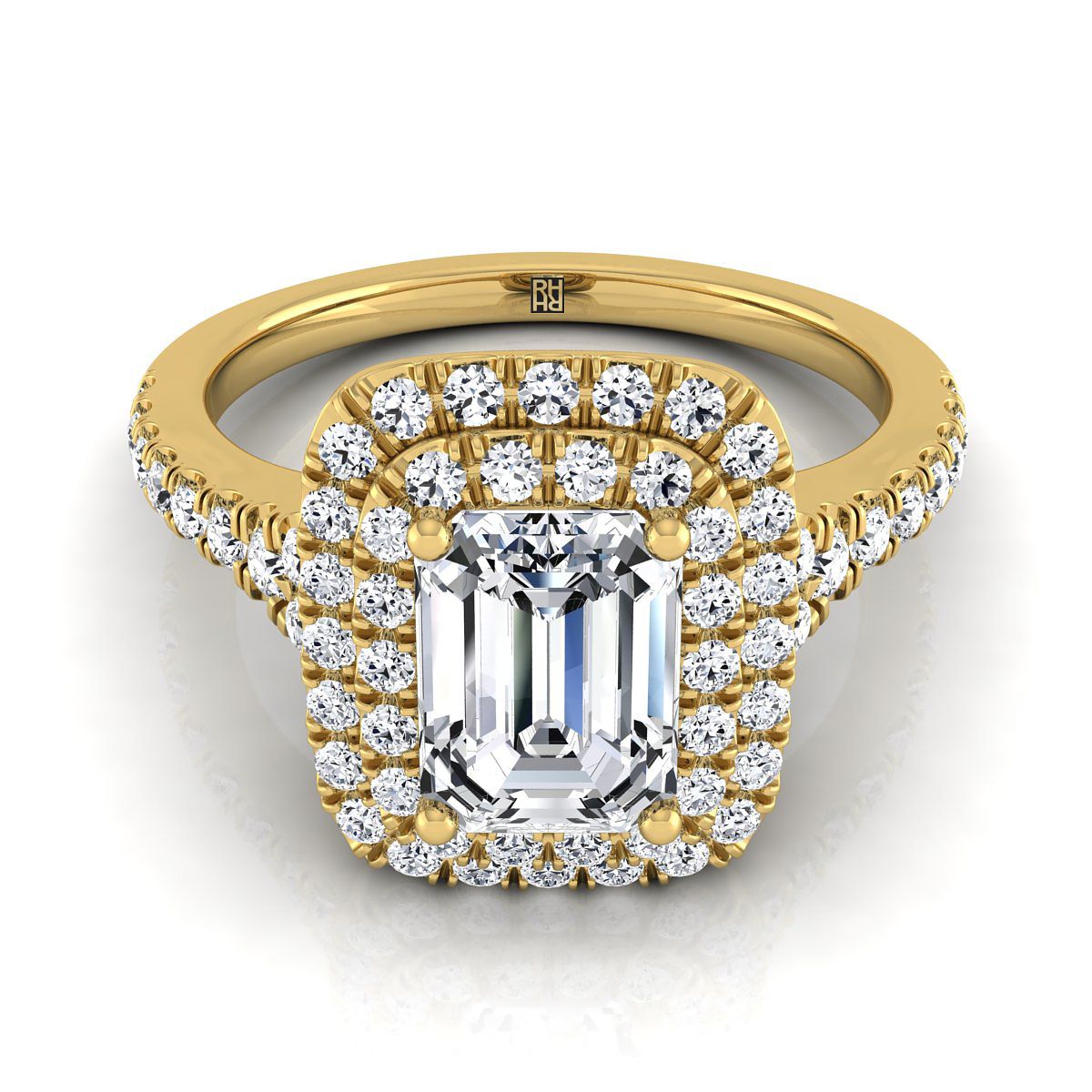 Britney Select Double Halo Emerald Cut Lab Diamond Engagement Ring in 18K Yellow Gold | RockHer