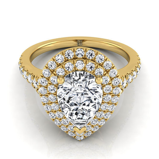 14K Yellow Gold Pear Shape Center Diamond Double Halo Scalloped Pavé Engagement Ring -1/2ctw