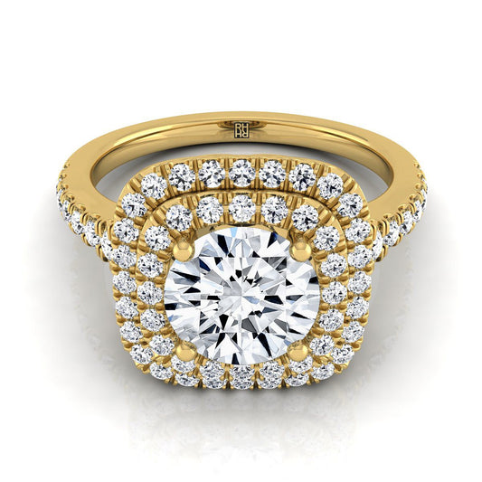 18K Yellow Gold Round Brilliant Diamond Double Halo Scalloped Pavé Engagement Ring -1/2ctw