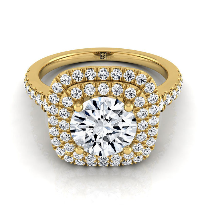 Round Brilliant, Double Scalloped Pavé Halo, in 18K Yellow Gold, pave setting | RockHer