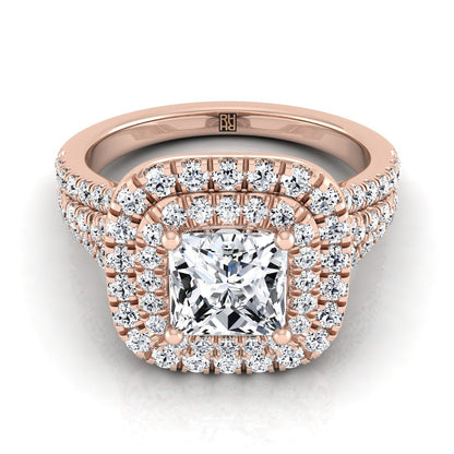 Four Row Double Halo Princess, in 14K Rose Gold, pave setting | RockHer