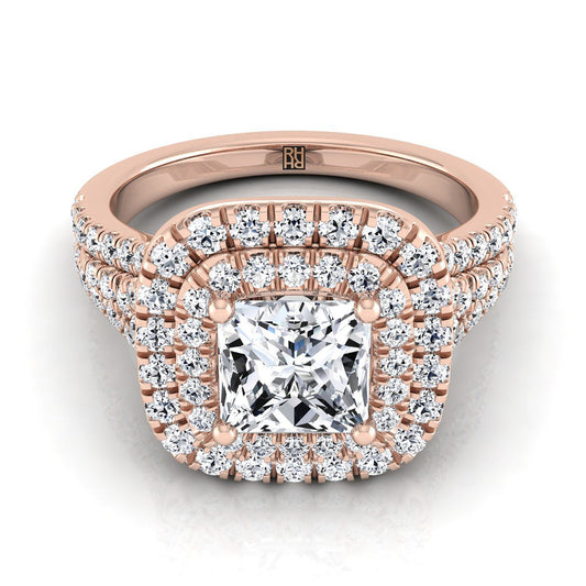 14K Rose Gold Princess Cut Diamond Four Row Split Shank Pave Double Halo Diamond Engagement Ring -7/8ctw
