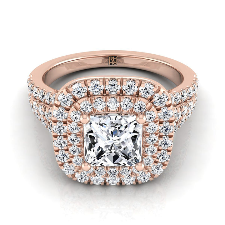 Four Row Double Halo Princess, in 14K Rose Gold, pave setting | RockHer